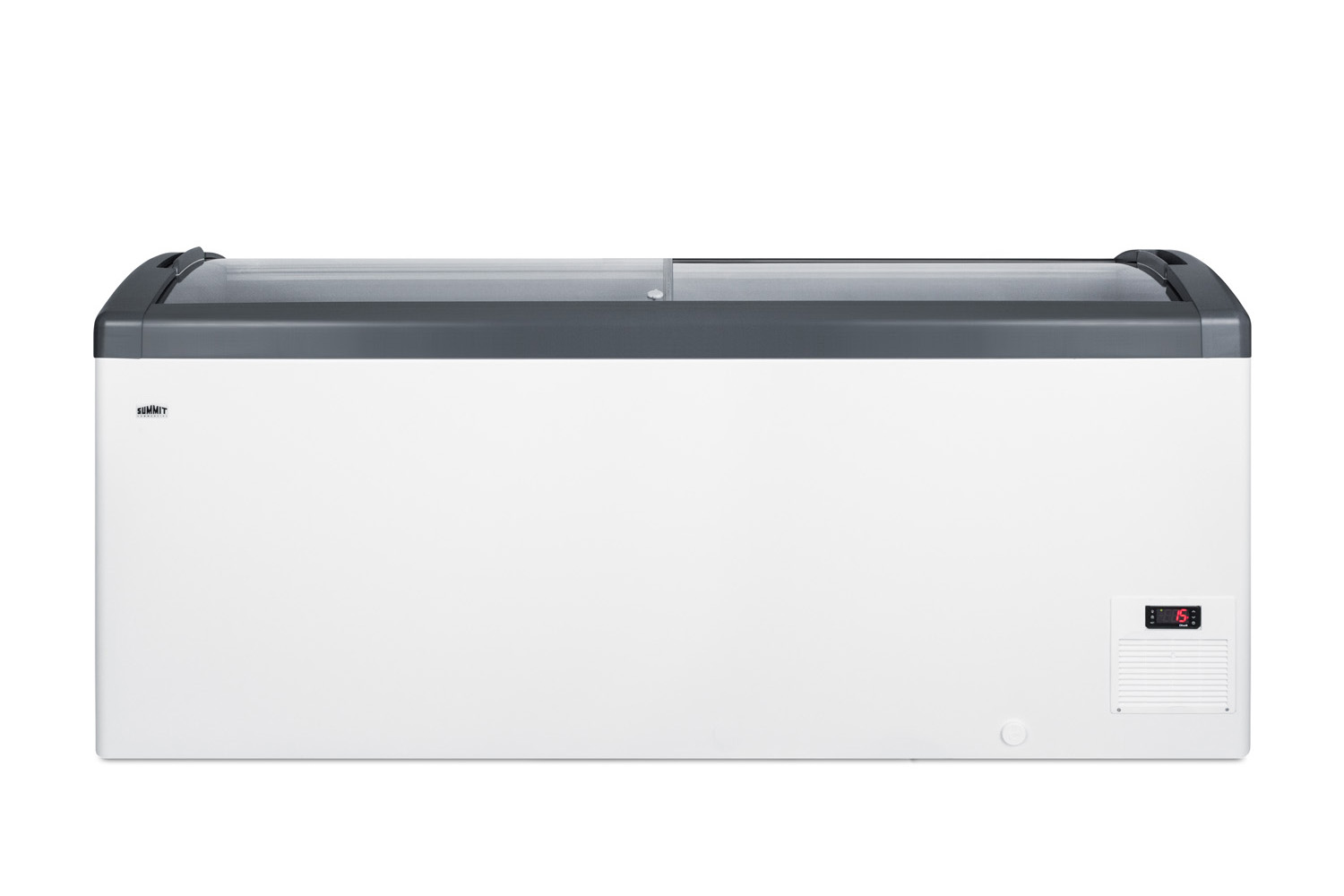 Curved top commercial ice cream freezer made in Denmark, with sliding glass lid, digital thermostat, novelty baskets, and 17.1 cu.ft. interior